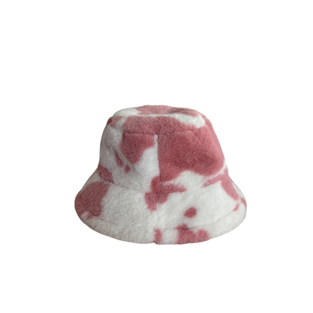 Fuzzy Bucket Hat Pink White Cow Print Warm Winter Y2K Aesthetic‎ Women